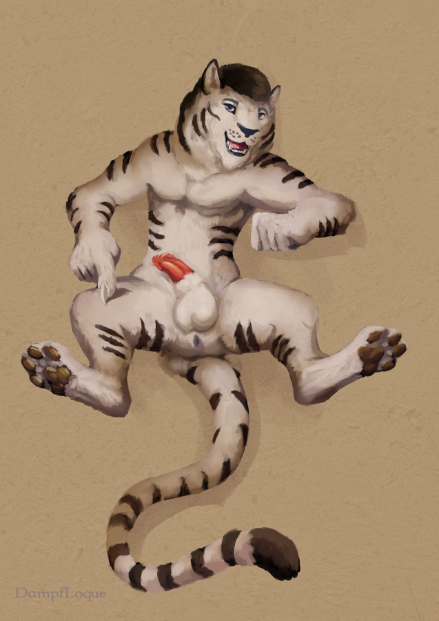 4_toes anus balls claws dampfloque felid fur male mammal nude open_mouth pantherine pawpads paws penis presenting spread_legs spreading striped_tail stripes teeth tiger toes tongue