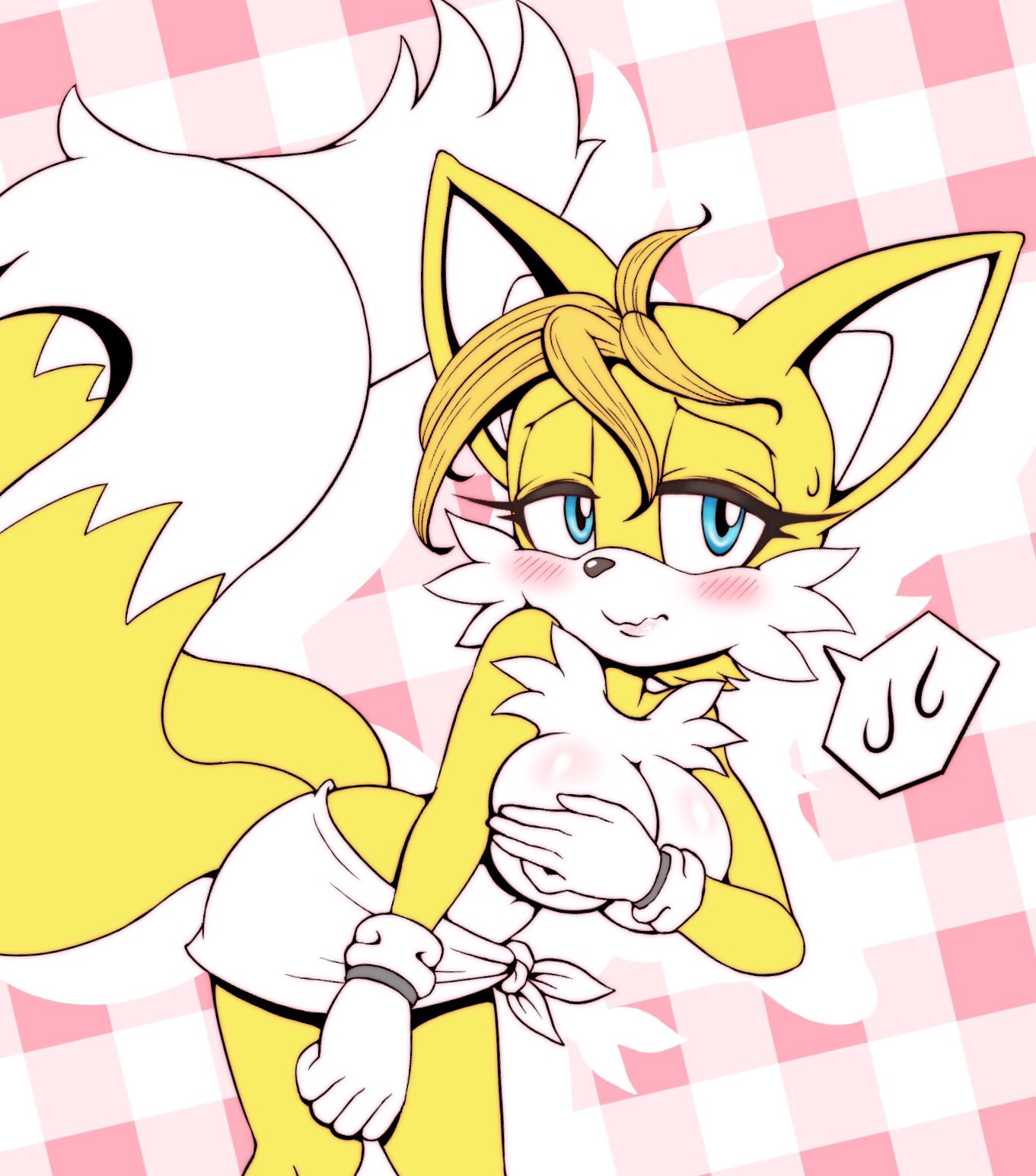 2019 anthro black_nose blonde_hair blue_eyes blush breasts canid canine clothed clothing covering covering_breasts crossgender dipstick_tail embarrassed female fox fur gloves hair half-closed_eyes hi_res mammal michiyoshi miles_prower multicolored_tail solo sonic_(series) speech_bubble topless video_games white_fur yellow_fur