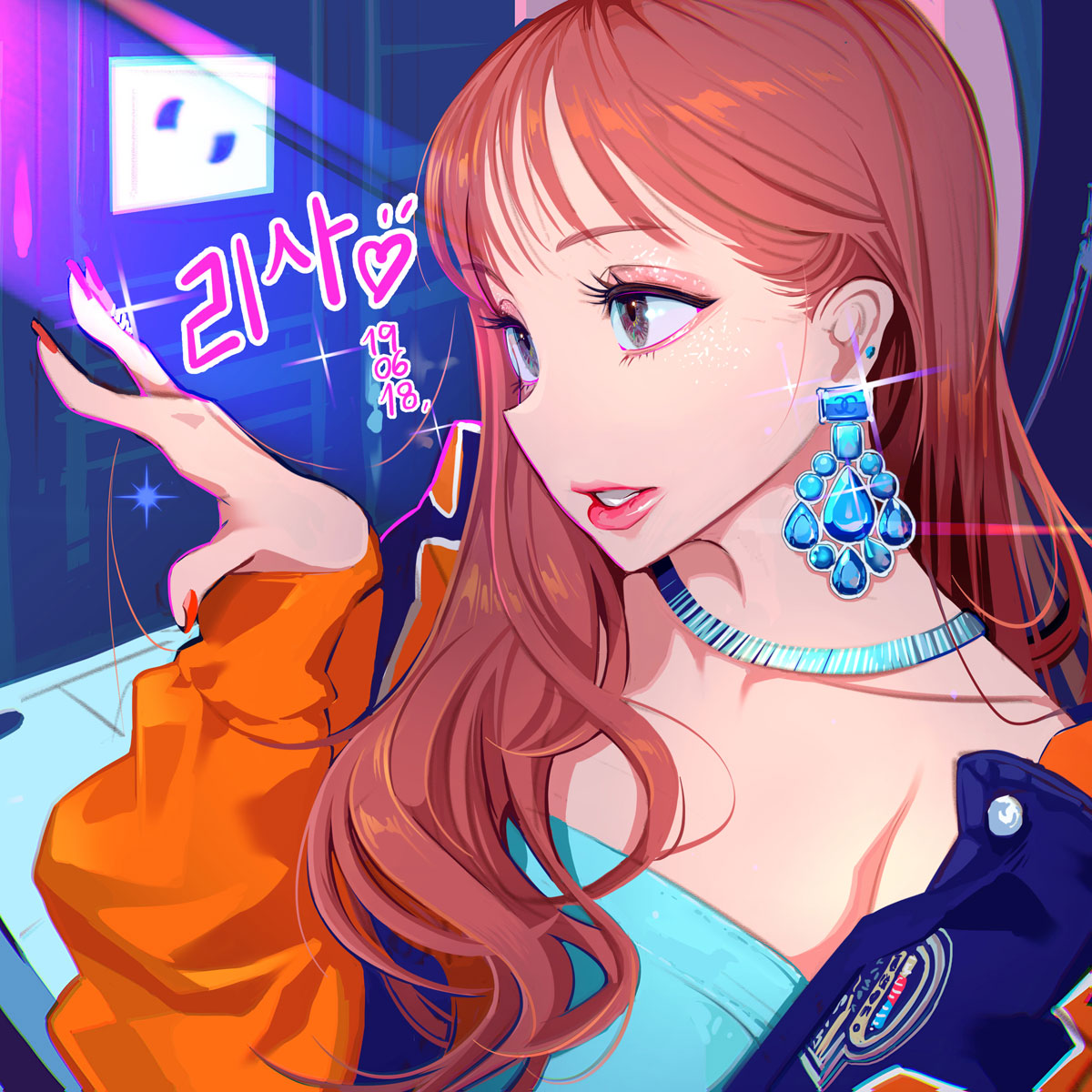 1girl aqua_earrings asian auburn_hair bangs blackpink chromatic_aberration collarbone commentary_request curly_hair dated earrings eyelashes eyes glint hair_over_shoulder hand_up highres jacket jewelry korean_commentary korean_text lips lisa_(blackpink) long_hair long_sleeves making_of music_video nail_polish necklace open_clothes open_jacket parted_lips profile puffy_lips rangsiwut_sangwatsharakul solo upper_body