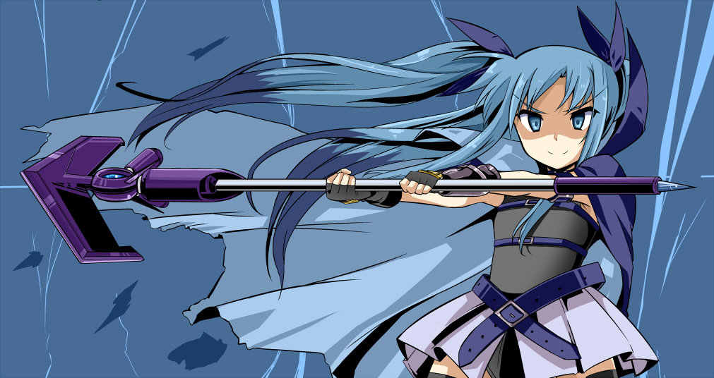 belt blue_hair cape fingerless_gloves gloves lyrical_nanoha mahou_shoujo_lyrical_nanoha mahou_shoujo_lyrical_nanoha_a's mahou_shoujo_lyrical_nanoha_a's_portable:_the_battle_of_aces material-l multicolored_hair oda_masaru solo twintails vulnificus