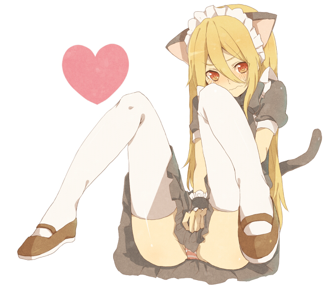 afuro_terumi animal_ears bad_id bad_pixiv_id blonde_hair blush cat_ears covering covering_crotch crossdressing embarrassed heart inazuma_eleven inazuma_eleven_(series) long_hair maid male_focus mary_janes orange_eyes otoko_no_ko panties shoes solo spread_legs striped striped_panties tail thighhighs underwear wavy_mouth white_legwear yue_teitoku