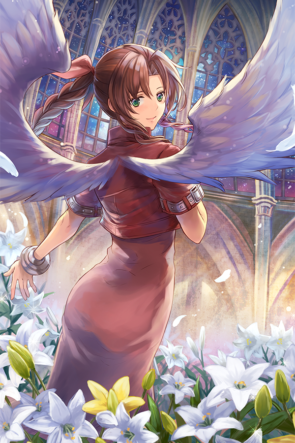 1girl aerith_gainsborough angel_wings brown_hair closed_mouth cropped_jacket dress feathered_wings feathers final_fantasy final_fantasy_vii flower from_behind green_eyes hair_intakes hair_ribbon jacket light_particles lily_(flower) long_hair looking_at_viewer looking_back pink_dress pink_ribbon red_jacket ribbon sasanomesi short_sleeves smile solo standing white_flower white_wings wings yellow_flower