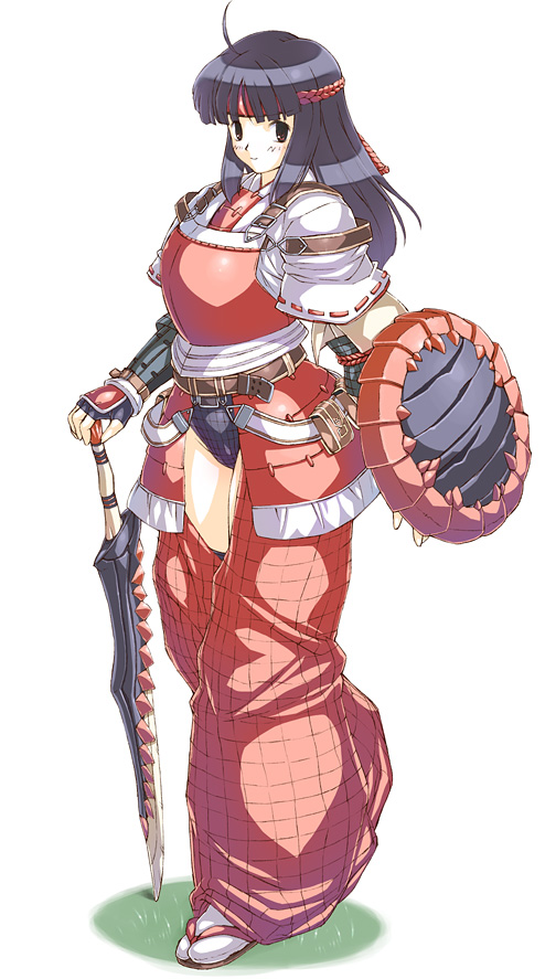 armor blue_hair breastplate brown_eyes fingerless_gloves full_body gauntlets gloves headband lao-shan_lung_(armor) long_hair looking_at_viewer monster_hunter sandals shield simple_background solo standing sword uchiu_kazuma weapon white_background
