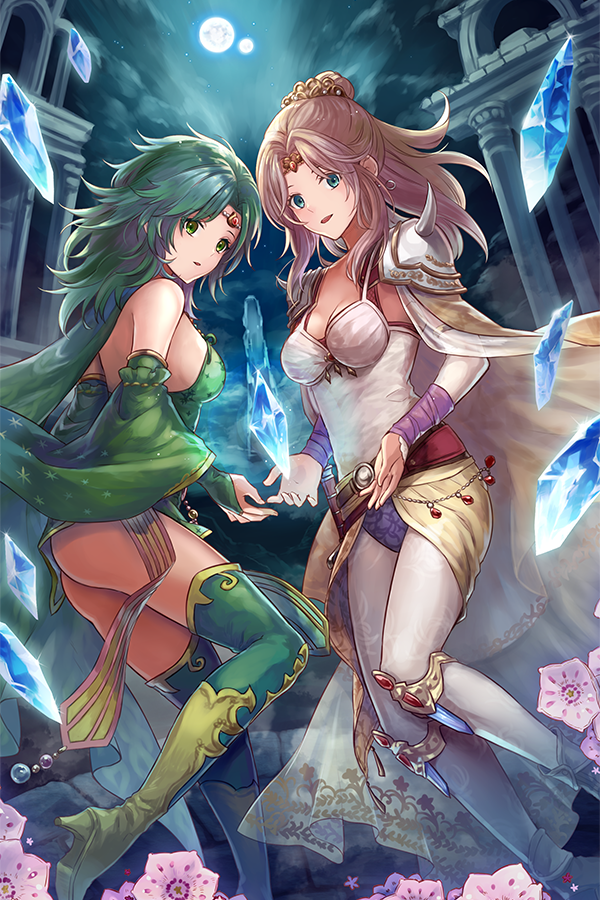 2girls bare_shoulders blonde_hair blue_eyes boots breasts bridal_gauntlets cape circlet cleavage crystal detached_sleeves earrings final_fantasy final_fantasy_iv full_moon green_eyes green_hair green_legwear high_heel_boots high_heels jewelry long_hair long_sleeves looking_at_viewer medium_breasts moon multiple_girls open_mouth pantyhose ponytail rosa_farrell rydia sasanomesi shoulder_pads showgirl_skirt spikes thighhighs white_cape white_legwear yellow_footwear