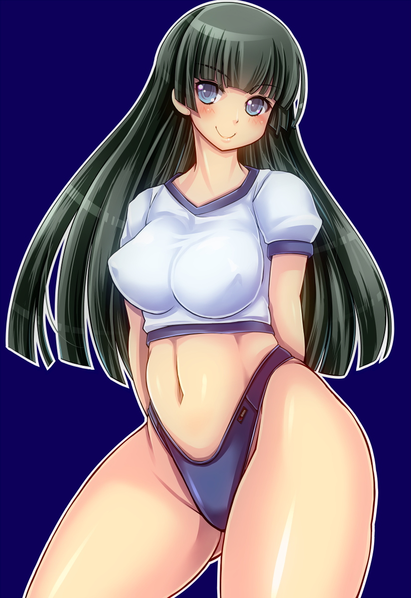 1girl arms_behind_back black_hair blue_eyes blush borrowed_character breasts curvy erect_nipples female highres large_breasts long_hair looking_at_viewer nanashi_mushi navel original perky_breasts shiny_skin shipo_aki shirt simple_background smile solo standing swimsuit thick_thighs wide_hips