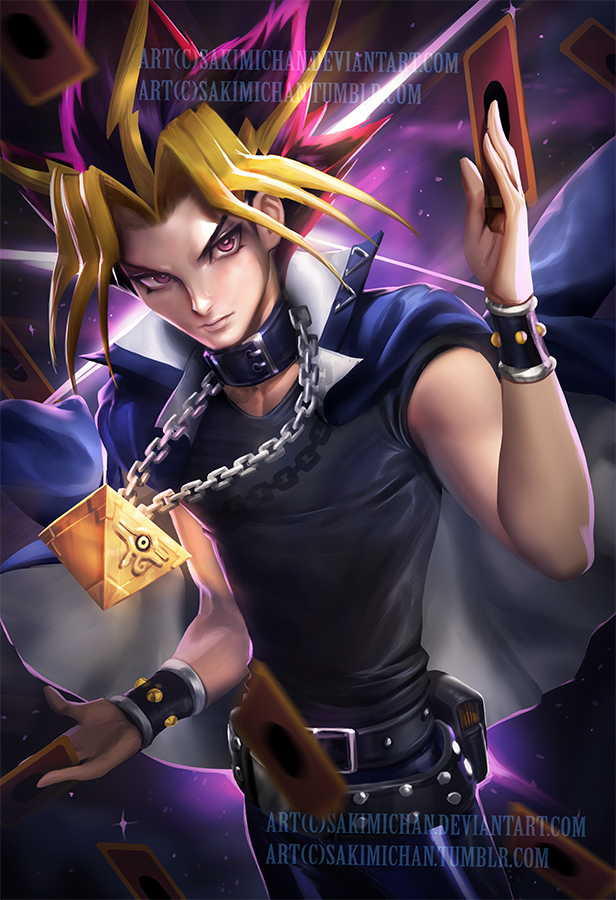 banned_artist belt blonde_hair blurry card chain_necklace collar depth_of_field jacket_on_shoulders male_focus millennium_puzzle multicolored_hair mutou_yuugi pink_eyes pink_hair pouch red_hair sakimichan solo upper_body watermark web_address wrist_cuffs yami_yuugi yuu-gi-ou