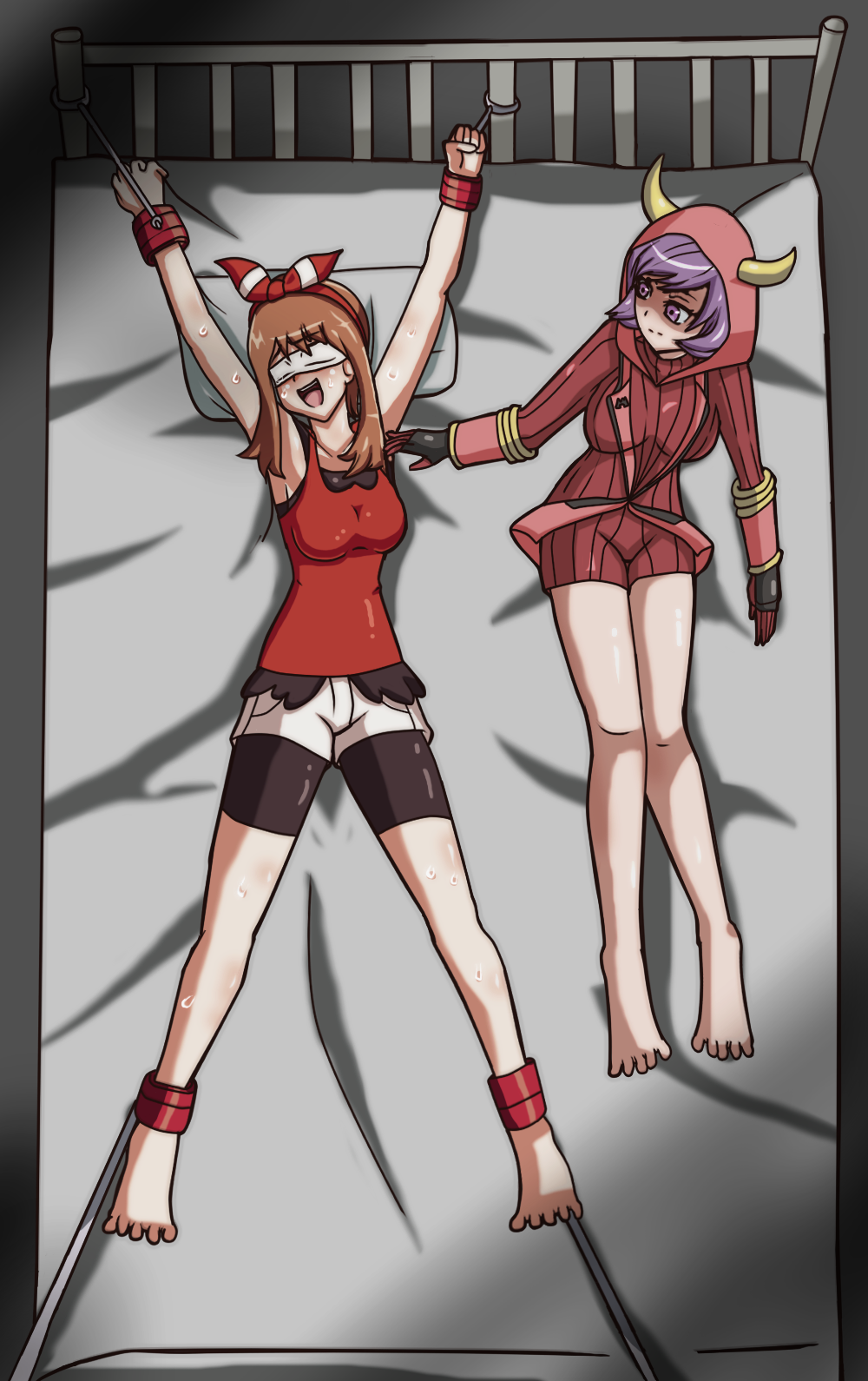 2girls armpits arms_up banagherlinks bare_shoulders bdsm bed_sheet bike_shorts black_shorts blindfold bondage bound bound_wrists breasts brown_hair creatures_(company) fake_horns game_freak gloves haruka_(pokemon) highres hood hood_up hoodie horned_headwear kagari_(pokemon) large_breasts medium_breasts medium_hair multiple_girls nintendo pokemon purple_eyes purple_hair red_headband red_shirt red_tank_top restrained shirt short_hair short_shorts shorts sleeveless sleeveless_shirt team_magma tickle_torture tickling uniform white_blindfold white_shorts