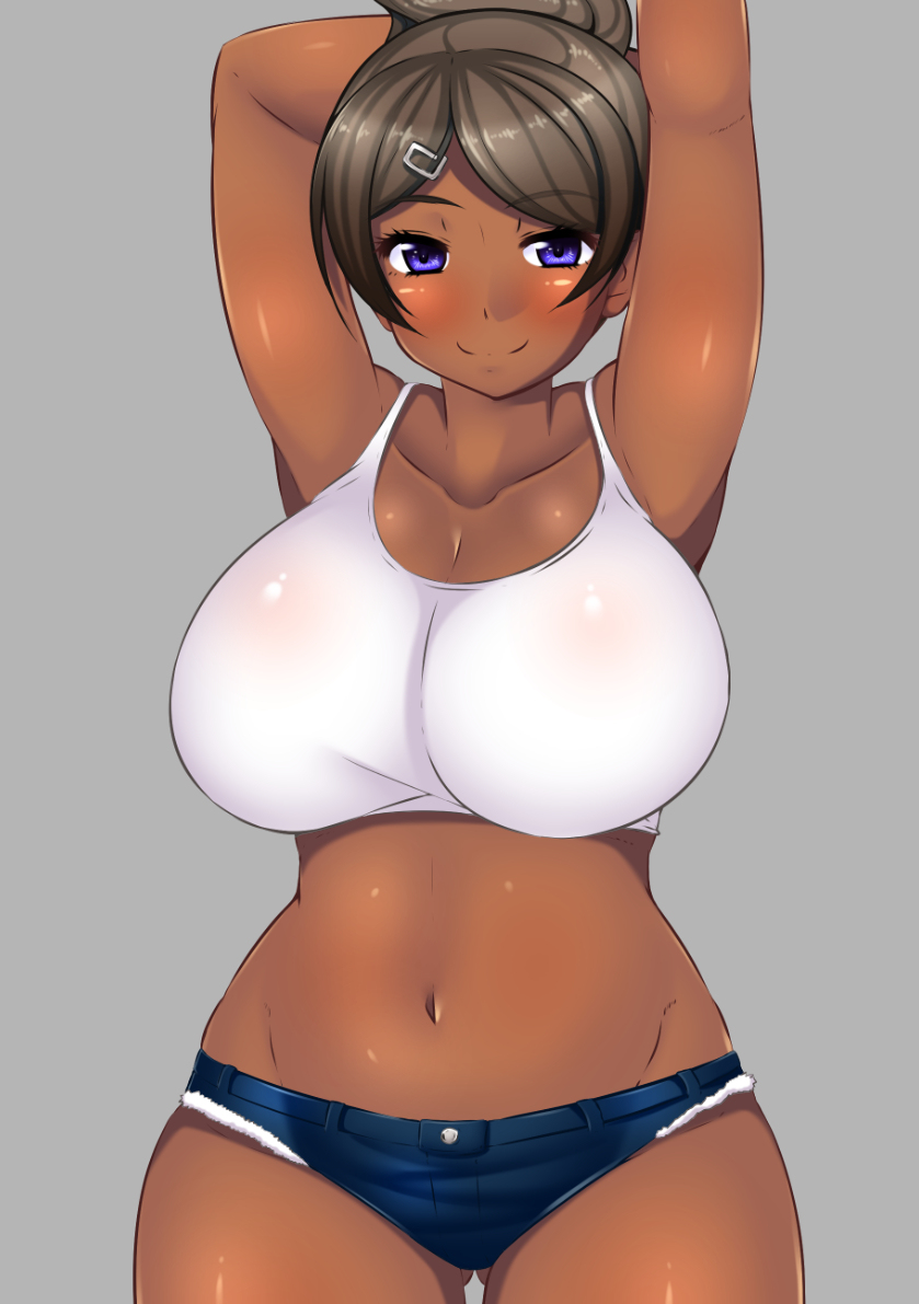 1girl arms_behind_head arms_up artist_request asahina_aoi blue_eyes blush breasts brown_hair cleavage curvy danganronpa dark_skin hair_ornament huge_breasts large_breasts looking_at_viewer myougi_kuraganosuke navel plump shorts simple_background smile solo thick_thighs wide_hips