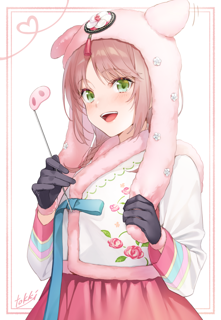 1girl :d animal_ears artist_name black_gloves border braid brown_hair eyebrows_visible_through_hair floral_print fur_trim gloves green_eyes hat hat_with_ears heart long_hair looking_at_viewer open_mouth original pig_ears pig_nose pink_skirt simple_background skirt smile solo tokki white_background