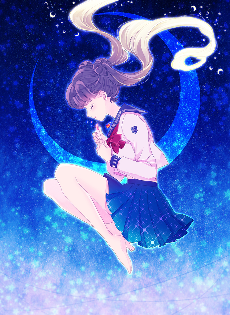 alternate_hair_color bad_id bad_pixiv_id bangs bare_legs barefoot bishoujo_senshi_sailor_moon black_hair blouse blue_background blue_sailor_collar blue_skirt bow closed_eyes commentary_request crescent crescent_moon double_bun eyelashes fetal_position from_side full_body gradient_hair heart heart_necklace holding_lipstick jewelry juuban_middle_school_uniform lipstick lipstick_tube long_hair long_sleeves makeup miniskirt moon multicolored_hair pendant pink_lips pink_lipstick plantar_flexion pleated_skirt pretty_guardian_sailor_moon profile red_bow sailor_collar saki_(hxaxcxk) school_uniform serafuku skirt smile solo sparkle star transformation tsukino_usagi twintails white_blouse