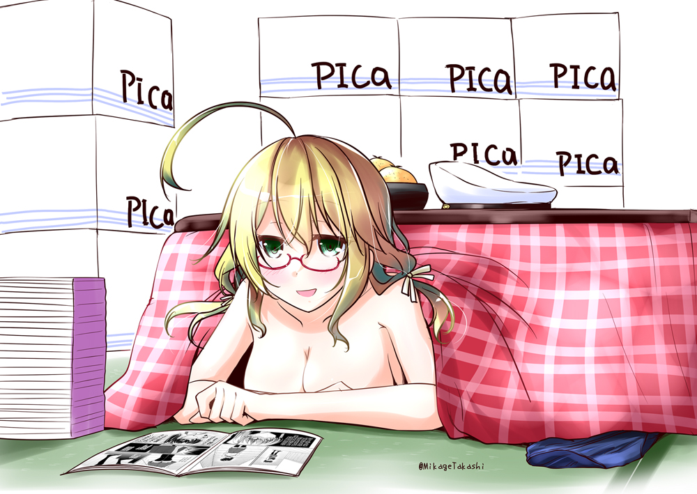 ahoge beret blonde_hair blush breasts commentary_request doujinshi food fruit glasses green_eyes hat hat_removed headwear_removed i-8_(kantai_collection) kaga_(kantai_collection) kantai_collection kotatsu large_breasts low_twintails mandarin_orange mikage_takashi nude one-piece_swimsuit open_mouth reading red-framed_eyewear school_swimsuit smile solo swimsuit swimsuit_removed table twintails under_kotatsu under_table