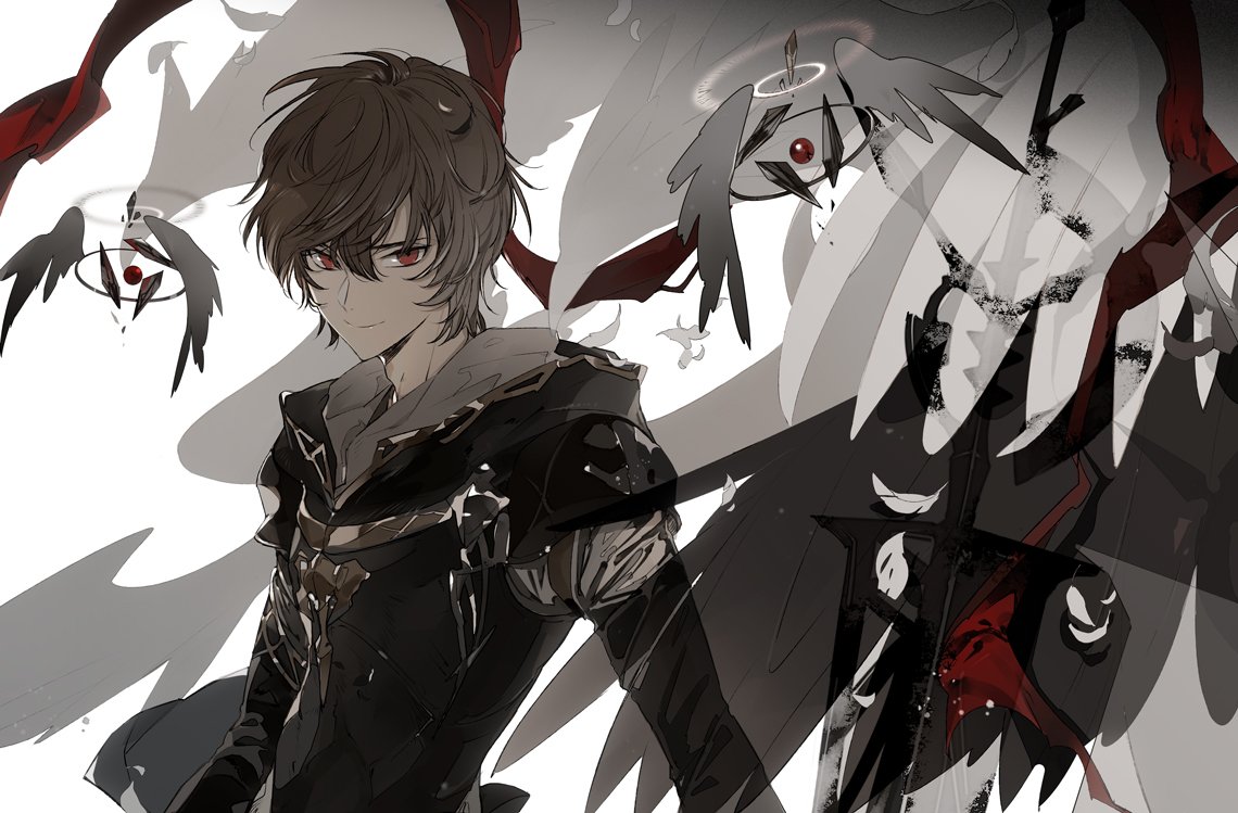 1boy armor brown_hair closed_mouth eyes feathered_wings feathers gloves granblue_fantasy halo limited_palette long_sleeves looking_at_viewer male_focus red_eyes sandalphon_(granblue_fantasy) short_hair simple_background smile solo suou sword upper_body weapon white_background wings