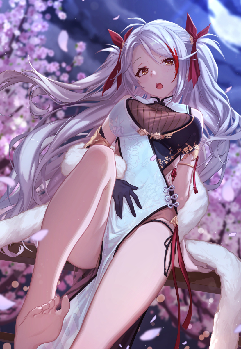 1girl :o azur_lane backlighting bare_legs bare_shoulders barefoot black_gloves black_panties blurry blush breasts brown_eyes cherry_blossoms china_dress chinese_clothes cloud depth_of_field dress feather_boa floating_hair floral_print full_moon gloves hair_ribbon head_tilt highres knee_up large_breasts long_hair looking_at_viewer m-ya moon multicolored_hair night night_sky open_mouth panties pelvic_curtain petals plant prinz_eugen_(azur_lane) red_hair red_ribbon ribbon side-tie_panties sky sleeveless sleeveless_dress solo streaked_hair thighs two_side_up underwear very_long_hair white_dress white_hair