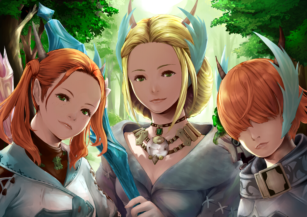 1boy 2girls a-ruhn-senna blonde_hair brother_and_sister commentary_request feathers final_fantasy final_fantasy_xiv flower forest freckles green_eyes hair_feathers hair_flower hair_ornament hair_over_eyes head_tilt horns jewelry kan-e-senna light_smile looking_at_viewer multiple_girls nature necklace orange_hair outdoors pomeroxu raya-o-senna short_hair siblings sisters tree twintails