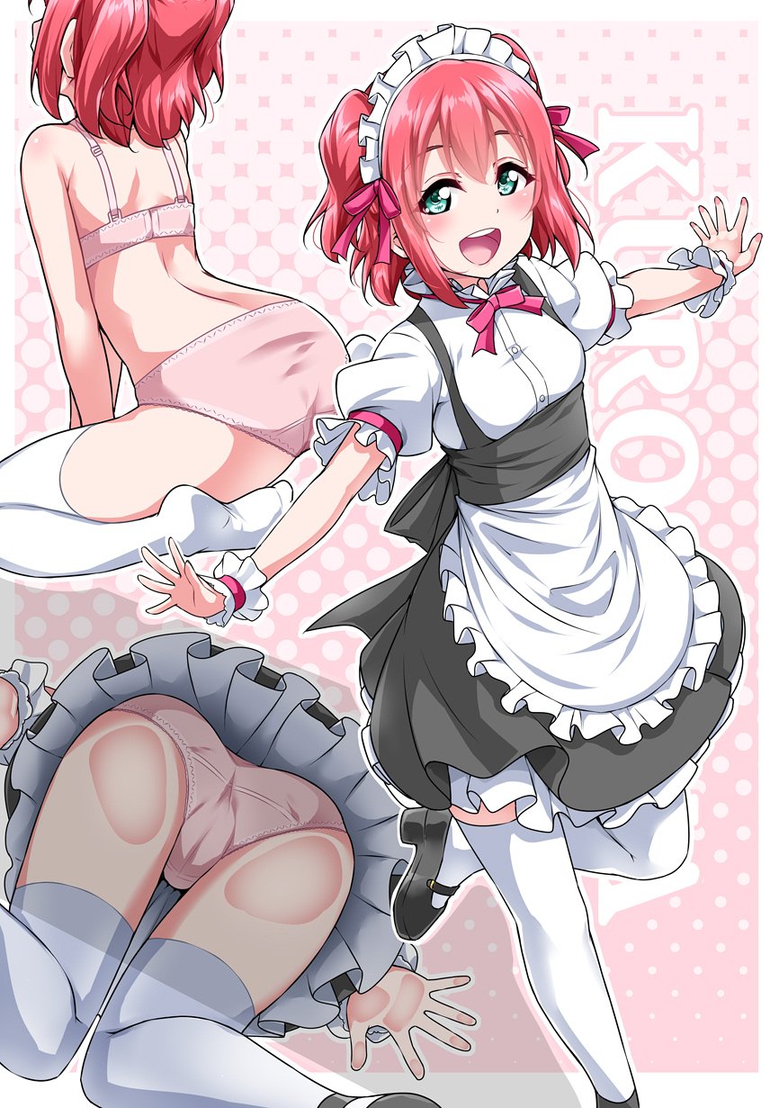 1girl apron ass black_dress breasts dress female frilled_sleeves frills from_behind green_eyes hair_ornament high_resolution highres kurosawa_ruby love_live! love_live!_(series) love_live!_sunshine!! maid_apron maid_headdress multiple_views open_mouth panties pigtails pinafore_dress pink_panties red_ribbon ribbon shirt shoes short_sleeves simple_background sitting small_breasts standing standing_on_one_leg thighhighs underbust underbust_dress underwear viewed_from_behind viewed_from_below waist_apron white_apron white_legwear white_shirt wrist_cuffs wrist_extended yopparai_oni