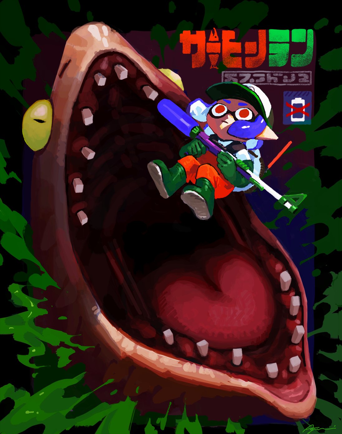 1girl ayumi_(830890) baseball_cap blue_hair boots closed_mouth domino_mask elbow_gloves full_body gloves green_footwear green_gloves hat highres holding inkling jumpsuit lifebuoy mask maws_(splatoon) no_pupils paint pointy_ears red_eyes rubber_boots rubber_gloves salmon_run salmonid short_hair signature splat_charger_(splatoon) splatoon splatoon_(series) splatoon_2 tentacle_hair