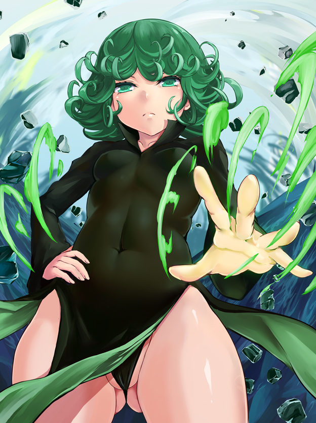 black_dress covered_navel dress floating_rock green_eyes green_hair hand_on_hip looking_at_viewer one-punch_man short_hair solo tatsumaki yamasan_(hachiman)