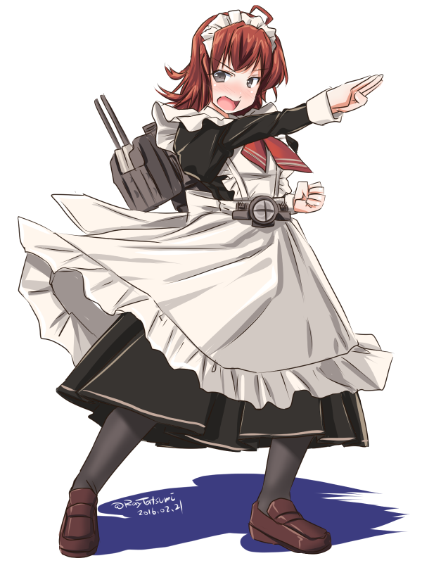alternate_costume apron arashi_(kantai_collection) belt black_dress black_legwear cannon dress enmaided grey_eyes kantai_collection kerchief machinery maid maid_headdress messy_hair open_mouth pantyhose puffy_sleeves red_hair rigging short_hair solo tatsumi_ray thighhighs turret