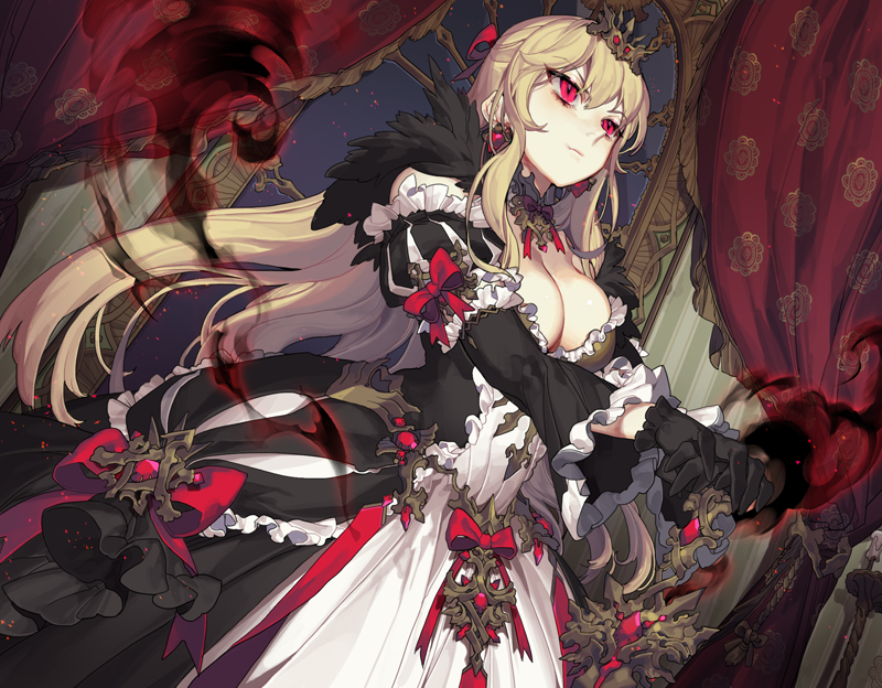 bare_shoulders black_gloves blonde_hair breasts cleavage crown dress earrings gloves holding holding_sword holding_weapon jewelry large_breasts light_smile long_hair original pika_(kai9464) red_eyes solo sword weapon