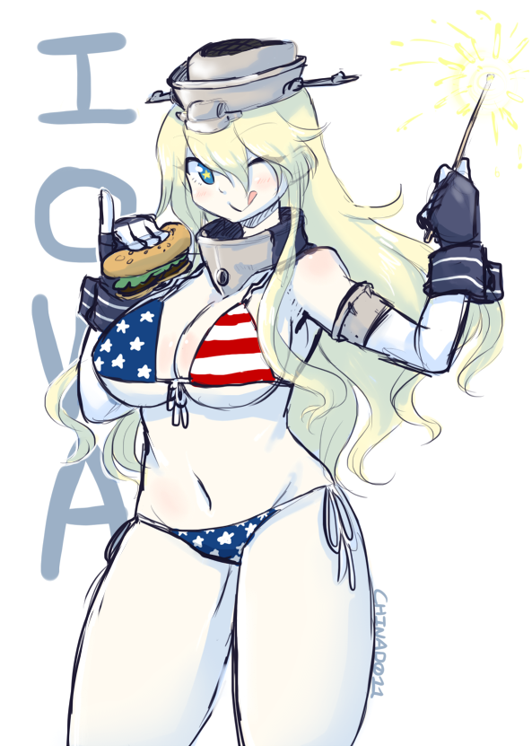 :q american_flag american_flag_bikini bikini blonde_hair breasts chinad011 fireworks flag_print food hamburger iowa_(kantai_collection) kantai_collection large_breasts long_hair pinky_out senkou_hanabi smile solo sparkler swimsuit tongue tongue_out