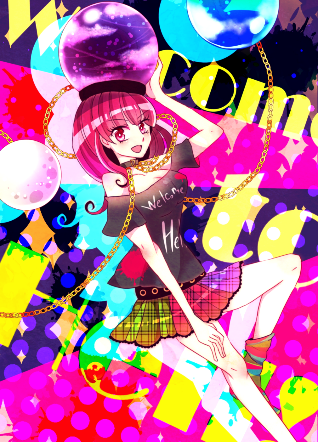 afterimage alternate_eye_color alternate_hair_color belt black_shirt breasts chain cleavage clothes_writing collar colorful earth_(ornament) english gold_chain hat hecatia_lapislazuli highres large_breasts leg_up legs long_hair looking_at_viewer microskirt moon_(ornament) multicolored multicolored_clothes multicolored_legwear multicolored_skirt off-shoulder_shirt paint_splatter pink_eyes pink_hair polka_dot polos_crown shirt short_sleeves skirt solo sparkle thighs touhou yata
