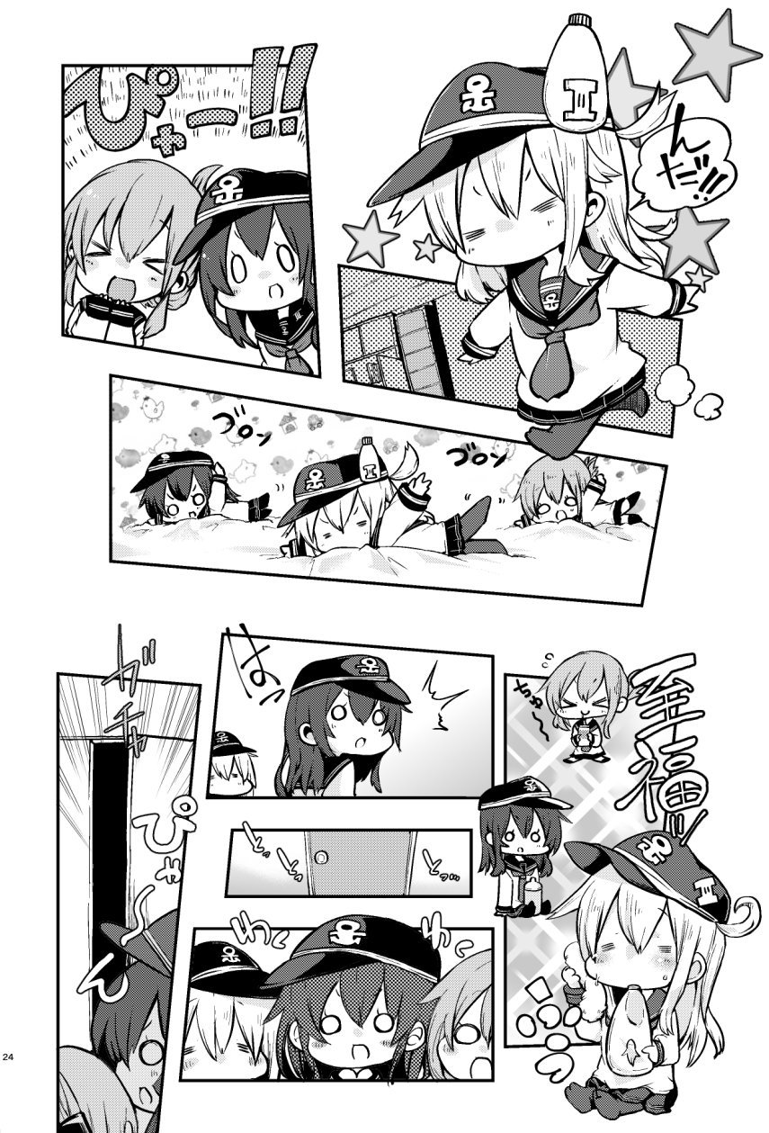&gt;_&lt; 3girls :d akatsuki_(kantai_collection) anchor_symbol badge chibi closed_eyes closed_mouth comic commentary flat_cap greyscale hat hibiki_(kantai_collection) highres himegi inazuma_(kantai_collection) kantai_collection kneehighs lying monochrome multiple_girls o_o on_stomach open_mouth page_number pleated_skirt school_uniform serafuku skirt smile thighhighs translated xd