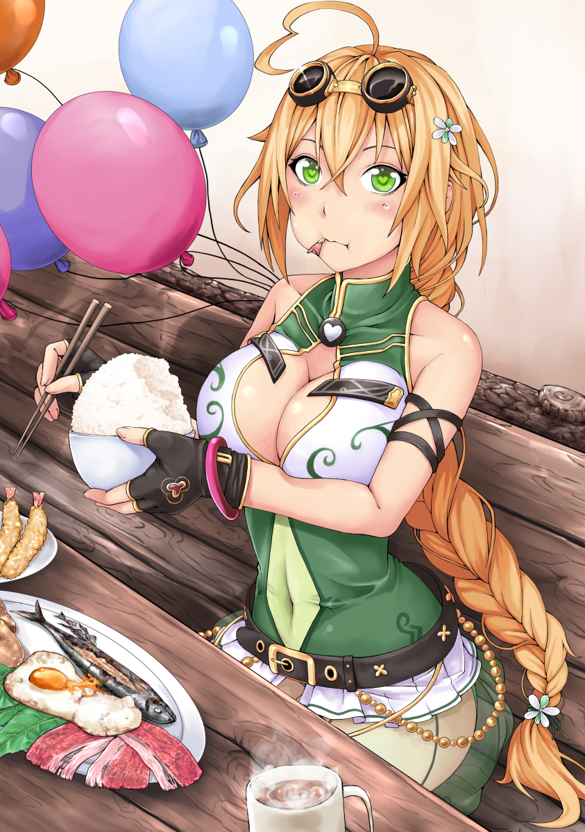 :t ayase_tamaki balloon balloon_vine_(flower_knight_girl) bare_shoulders belt black_gloves blonde_hair blush bowl bracelet braid breasts chopsticks cleavage cleavage_cutout covered_navel cup eating egg fingerless_gloves fish flower flower_knight_girl food food_in_mouth gloves goggles goggles_on_head green_eyes hair_flower hair_ornament hairpin heart heart-shaped_pupils highres impossible_clothes jewelry large_breasts long_hair looking_at_viewer meat mug plate rice shirt sitting sleeveless sleeveless_shirt solo symbol-shaped_pupils tempura