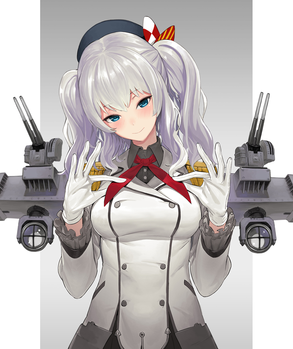 bad_id bad_pixiv_id beret blue_eyes blush breasts buttons epaulettes frilled_sleeves frills gloves hat kantai_collection kashima_(kantai_collection) kerchief ladic large_breasts military military_uniform miniskirt pleated_skirt red_ribbon ribbon sidelocks silver_hair skirt smile solo tsurime twintails uniform wavy_hair white_gloves