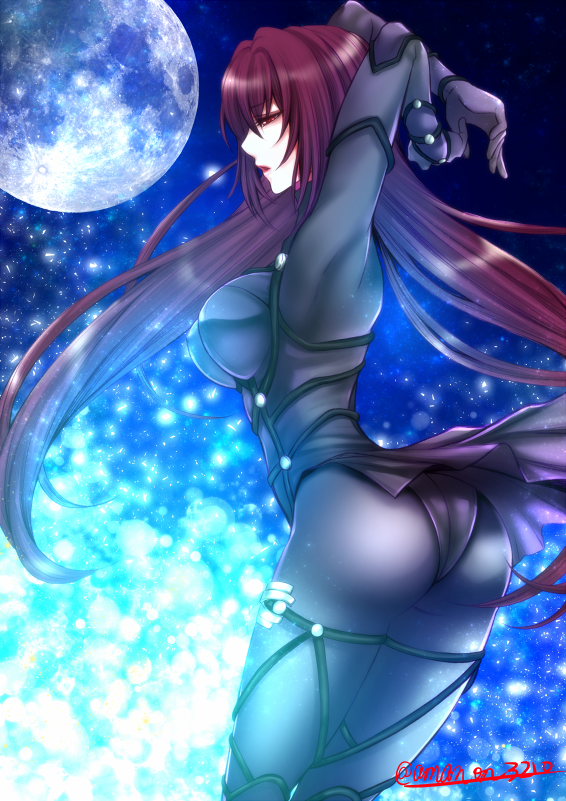 1girl amano armor ass bodysuit breasts fate/grand_order fate_(series) gloves large_breasts long_hair moon panties panties_over_pantyhose pantyhose purple_hair red_eyes scathach_(fate/grand_order) solo underwear very_long_hair