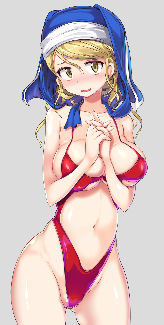 bare_shoulders between_breasts blonde_hair blush breasts collarbone dragon_quest dragon_quest_builders eru_(dqb) habit highres large_breasts looking_at_viewer mamo_williams navel open_mouth revealing_swimsuit_(dq) simple_background solo swimsuit yellow_eyes