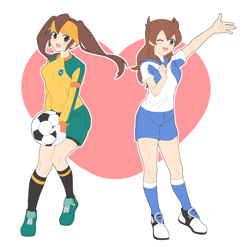 bad_id bad_pixiv_id ball breasts brown_hair endou_mamoru full_body genderswap genderswap_(mtf) goalkeeper headband heart inazuma_eleven inazuma_eleven_(series) inazuma_eleven_go long_hair looking_at_viewer matsukaze_tenma medium_breasts multiple_girls one_eye_closed open_mouth raimon raimon_soccer_uniform simple_background soccer_ball soccer_uniform sportswear t_(toddy_t) telstar time_paradox white_background