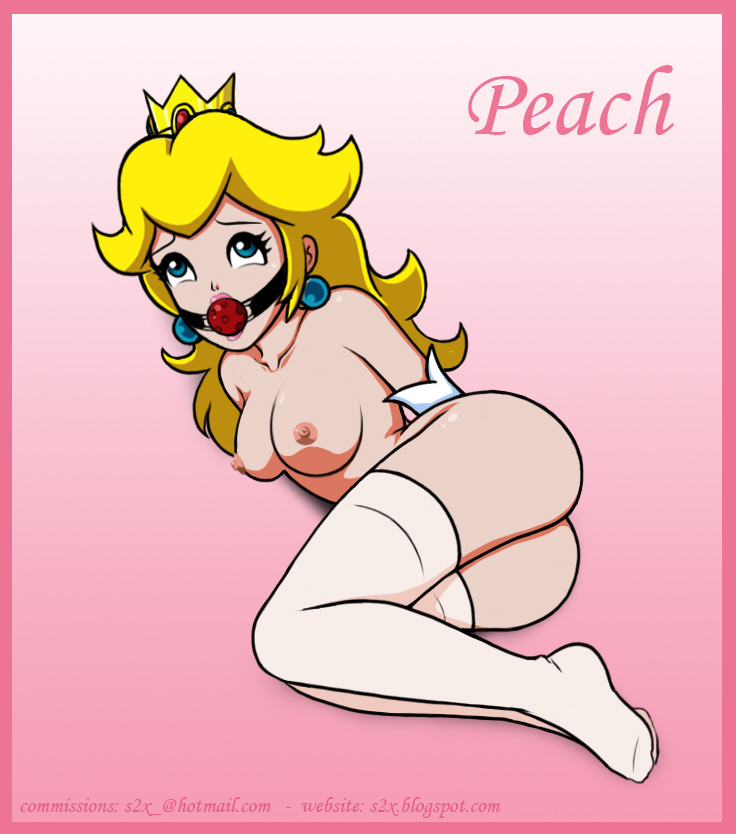 1girl areola ass ball_gag bdsm blonde_hair blue_eyes bondage bound breasts collarbone crown earrings gag jewelry nipples nude on_side princess_peach restrained s2x simple_background solo super_mario_bros. thighhighs