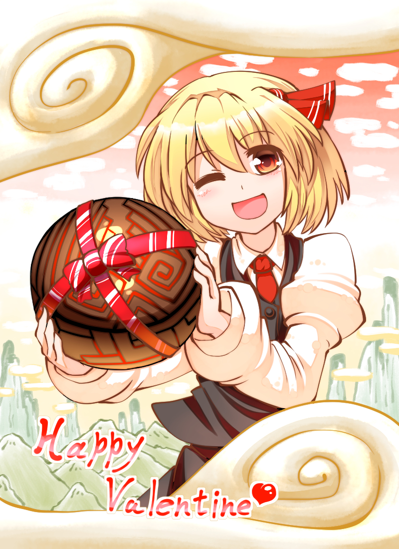 ;d ball blonde_hair commentary_request hair_ribbon kashuu_(b-q) one_eye_closed ookami_(game) open_mouth red_eyes ribbon rumia shirt short_hair skirt smile solo touhou valentine vest yami