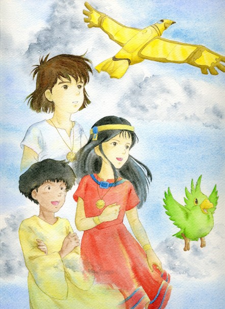 1girl 2boys aircraft animal artist_request bird black_hair brown_eyes brown_hair character_request cloud clouds esteban headband jewelry long_hair multiple_boys parrot pendant taiyou_no_ko_esteban zia