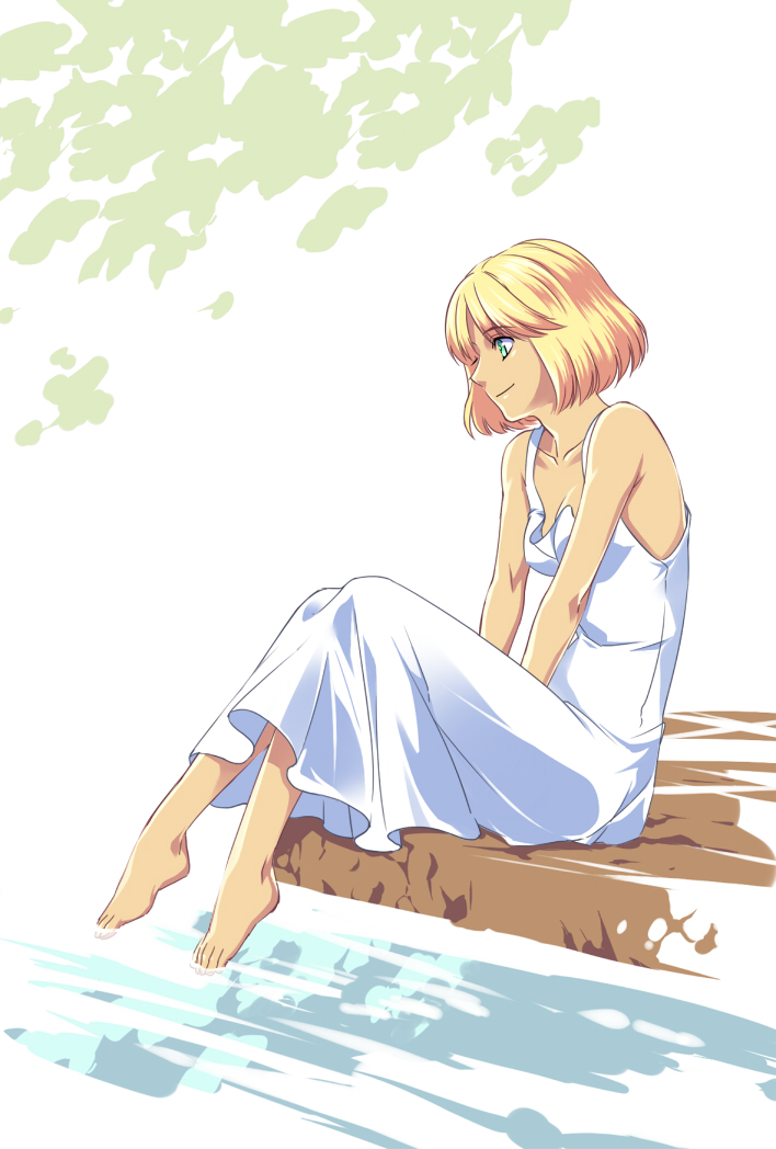 armpits bangs bare_shoulders barefoot blonde_hair bob_cut breasts character_request closed_mouth collarbone dress feet from_side full_body green_eyes kanikame knees_up legs_together light_smile looking_down metal_max outdoors parted_bangs profile river short_hair sitting small_breasts smile soaking_feet solo sundress v_arms water white_dress