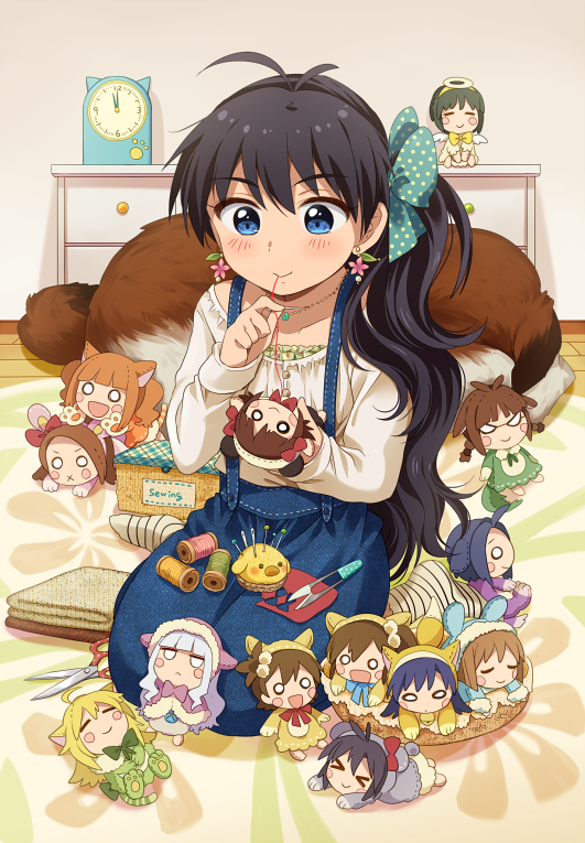 &gt;_&lt; :&lt; akizuki_ritsuko alternate_hairstyle amami_haruka angel_wings animal antenna_hair black_hair blue_eyes blush_stickers character_doll closed_eyes dog earrings flower_earrings futami_ami futami_mami ganaha_hibiki hagiwara_yukiho hair_ribbon halo hiiringu holding_needle hoshii_miki idolmaster idolmaster_(classic) inumi jewelry kikuchi_makoto kisaragi_chihaya minase_iori miura_azusa mouth_hold needle otonashi_kotori pincushion ribbon sewing shijou_takane side_ponytail sitting smile solo st_bernard striped striped_legwear takatsuki_yayoi thread too_many_dolls wariza wings