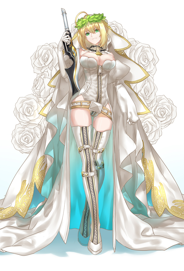 aestus_estus ahoge arm_at_side bangs bare_shoulders belt belt_buckle boots breasts bridal_veil buckle bursting_breasts chain cleavage clenched_hand closed_mouth crossed_legs detached_collar detached_sleeves elbow_gloves fate/extra fate/extra_ccc fate/grand_order fate_(series) floral_background flower from_below full-length_zipper full_body gloves gradient green_eyes hair_between_eyes hair_ribbon hand_up head_tilt head_wreath holding holding_sword holding_weapon lace large_breasts leotard lock long_legs looking_at_viewer loose_belt mitsuki_hana nero_claudius_(bride)_(fate) nero_claudius_(fate)_(all) padlock puffy_detached_sleeves puffy_sleeves reverse_grip ribbon ribbon_trim rose shadow showgirl_skirt sidelocks skirt sleeves_past_wrists solo standing strapless strapless_leotard sword thigh_boots thigh_gap thigh_strap thighhighs tied_hair veil weapon white_background white_flower white_footwear white_legwear white_leotard white_ribbon white_rose white_skirt white_sleeves zipper zipper_pull_tab