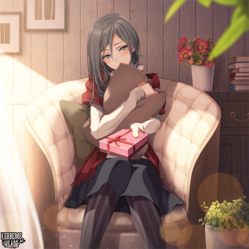 armchair bangs black_hair blue_eyes blush book book_stack box cabinet chair couch covered_mouth cushion daisy flower flower_pot fringe_trim gift gift_box grey_hair holding holding_gift incoming_gift indoors kerberos_blade lens_flare long_hair long_sleeves looking_at_viewer original pantyhose parted_bangs picture_(object) picture_frame pillow pillow_hug plant potted_plant red_scarf scarf sitting skirt sleeves_past_wrists solo striped striped_legwear tokumaru valentine vertical-striped_legwear vertical_stripes