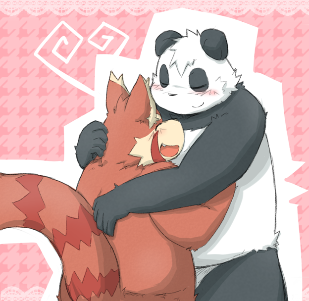 2011 anthro bear belly blush duo eyes_closed hug humanoid_hands kota&acute; male mammal overweight overweight_male panda red_panda