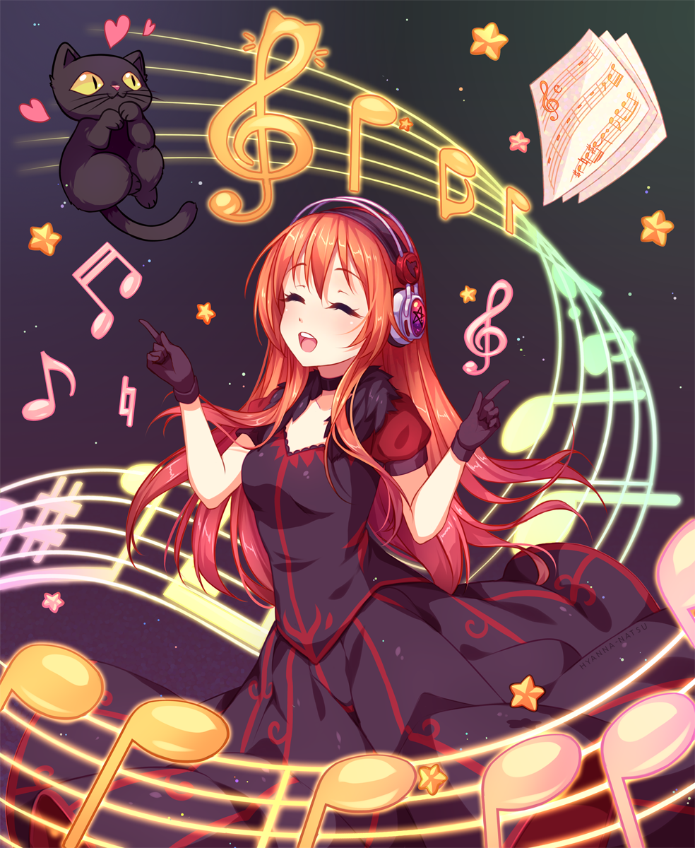 :3 :d ^_^ ^o^ animal beamed_sixteenth_notes black_background black_dress black_gloves blush borrowed_character cat choker closed_eyes collarbone commission dotted_quarter_note dress eighth_note fur_trim gloves gradient gradient_background headphones heart highres hyanna-natsu index_finger_raised long_dress long_hair musical_note natural_sign open_mouth original paws puffy_short_sleeves puffy_sleeves quarter_note red_hair round_teeth sharp_sign sheet_music short_sleeves sidelocks simple_background smile solo staff_(music) standing star star_print teeth time_signature treble_clef very_long_hair whiskers whole_rest yellow_sclera