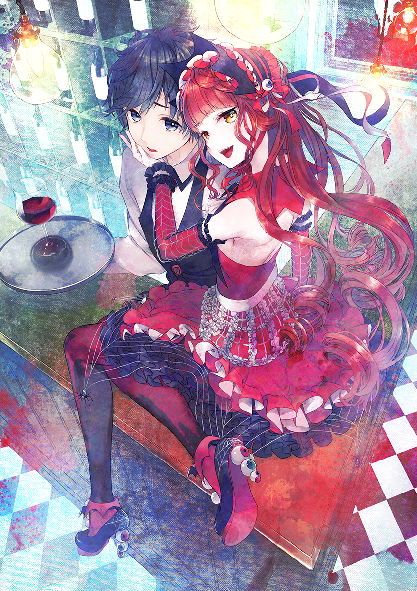 1girl :d alcohol back bangs bar bartender black_hair black_legwear blue_eyes blunt_bangs bottle bug checkered checkered_floor collared_shirt counter cup detached_sleeves dress drinking_glass eyeball frilled_dress frilled_sleeves frills hairband halterneck hand_on_another's_cheek hand_on_another's_face hanging_light high_heels highres holding holding_tray indoors light_bulb lolita_hairband long_hair looking_at_viewer looking_back nail_polish namanie on_counter open_mouth orange_eyes original pantyhose parted_lips petticoat red_dress red_hair red_nails ringlets shelf shirt short_dress silk sitting sleeveless sleeveless_dress smile spider spider_web teeth tray very_long_hair vest white_shirt wine wine_bottle wine_glass yellow_eyes