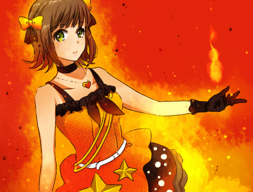 amami_haruka bow brown_hair choker dress fire gloves green_eyes hair_bow heart idolmaster idolmaster_(classic) jewelry live_for_venus masaki_(celesta) outstretched_arm outstretched_hand pendant short_hair solo star