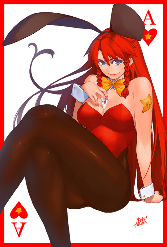 ace ace_of_hearts animal_ears azusa_(hws) between_breasts blue_eyes border braid breasts bunny_ears bunnysuit card card_(medium) card_background card_between_breasts hong_meiling large_breasts long_hair nail_polish pantyhose playing_card red_border red_hair red_nails solo touhou twin_braids white_background wrist_cuffs