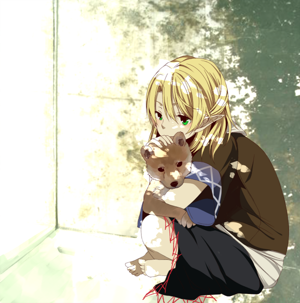 blonde_hair dog green_eyes hunched_over indian_style mizuhashi_parsee petting pointy_ears safai sitting solo touhou