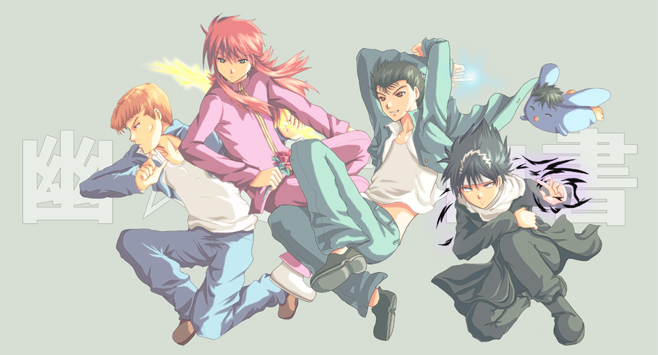 akayashi black_hair brown_hair energy_ball energy_blade energy_sword flower green_eyes headband hiei_(yuu_yuu_hakusho) kurama kuwabara_kazuma long_hair male_focus multiple_boys puu_(yuu_yuu_hakusho) red_flower red_hair red_rose rose sword urameshi_yuusuke weapon yuu_yuu_hakusho