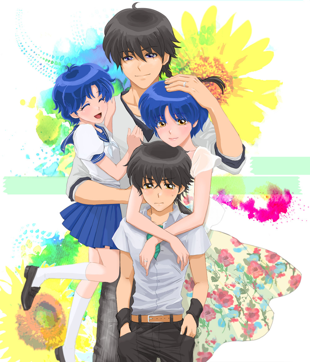 2girls black_hair blue_hair braid brother_and_sister casual couple father_and_daughter father_and_son height_difference hetero husband_and_wife if_they_mated jewelry mother_and_daughter mother_and_son multiple_boys multiple_girls older ranma_1/2 ring saotome_ranma school_uniform serafuku short_hair siblings single_braid tendou_akane uzuki_saku wedding_band