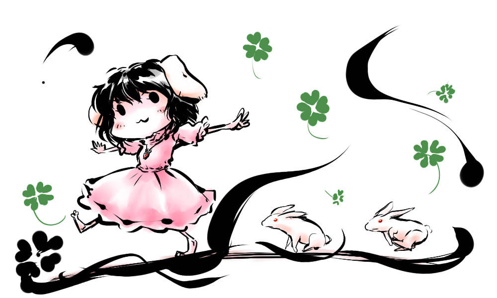 :3 animal_ears bad_id bad_pixiv_id barefoot black_hair bunny bunny_ears carrot chibi clover dress four-leaf_clover inaba_tewi jewelry jpeg_artifacts nyoron_(fudegatana) ookami_(game) outstretched_arms parody pendant pink_dress red_eyes short_hair solo spread_arms standing standing_on_one_leg touhou