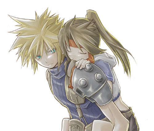 1girl blonde_hair brown_hair carrying cloud_strife couple eyes_closed female final_fantasy final_fantasy_vii green_eyes headband jessie_(ff7) long_hair lowres male nukomiso piggyback ponytail short_hair shoulder_pads sleeveless sleeveless_turtleneck spiked_hair spiky_hair suspenders turtleneck