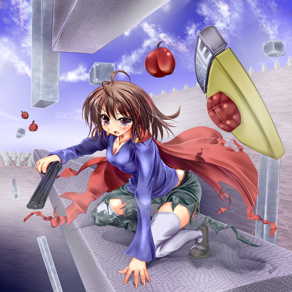 apple belt breasts brown_hair cape cherry cleavage floating food fruit genderswap genderswap_(mtf) gun i_wanna_be_the_guy medium_breasts monikano platform purple_eyes save_point solo spikes tears the_kid thighhighs torn_clothes weapon