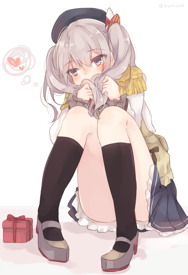 beret blue_eyes blush breasts covered_mouth covering_mouth epaulettes gloves hat holding holding_hair kantai_collection kashima_(kantai_collection) kerchief large_breasts military military_uniform miniskirt riruno sidelocks silver_hair sitting skirt solo tsurime twintails twitter_username uniform valentine wavy_hair white_gloves